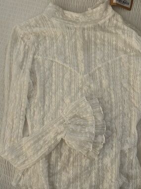 vestique Ivory Sheer Lace High-Neck Ruffle Sleeve Top